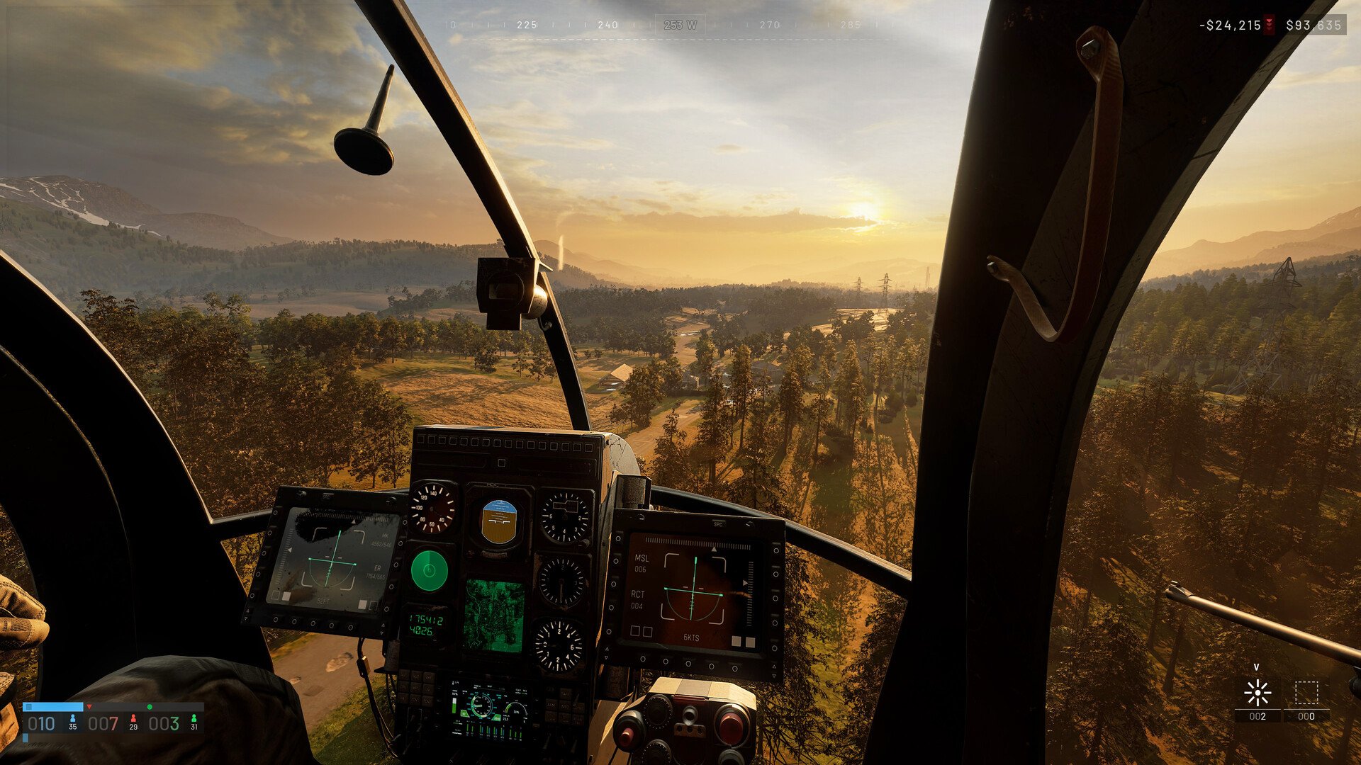 The view from a helicopter cockpit over a sunlit valley in Wardogs.