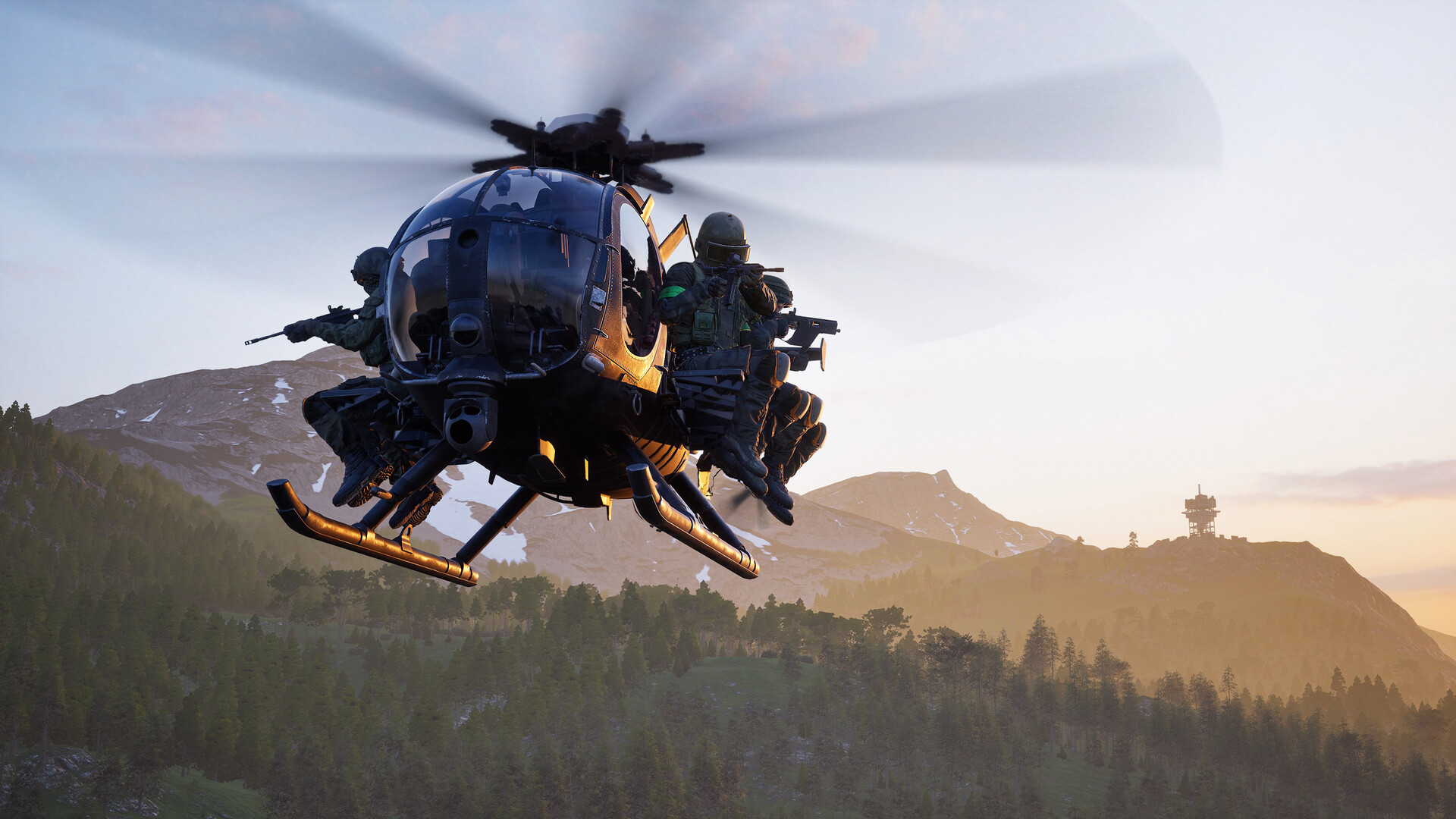 A squad riding a helicopter above the mountainous Wardogs landscape.