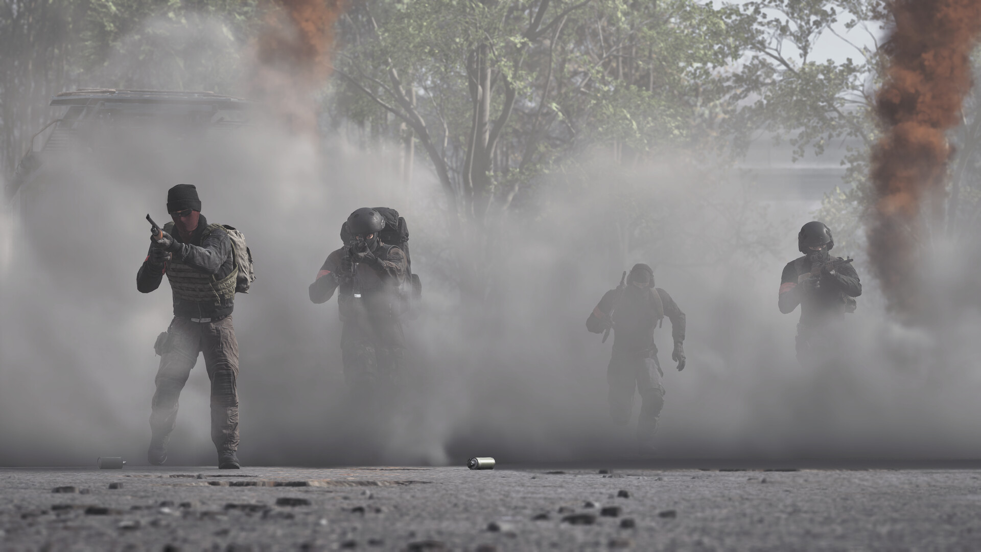 Four armed infantry advancing through smoke in a wooded area.